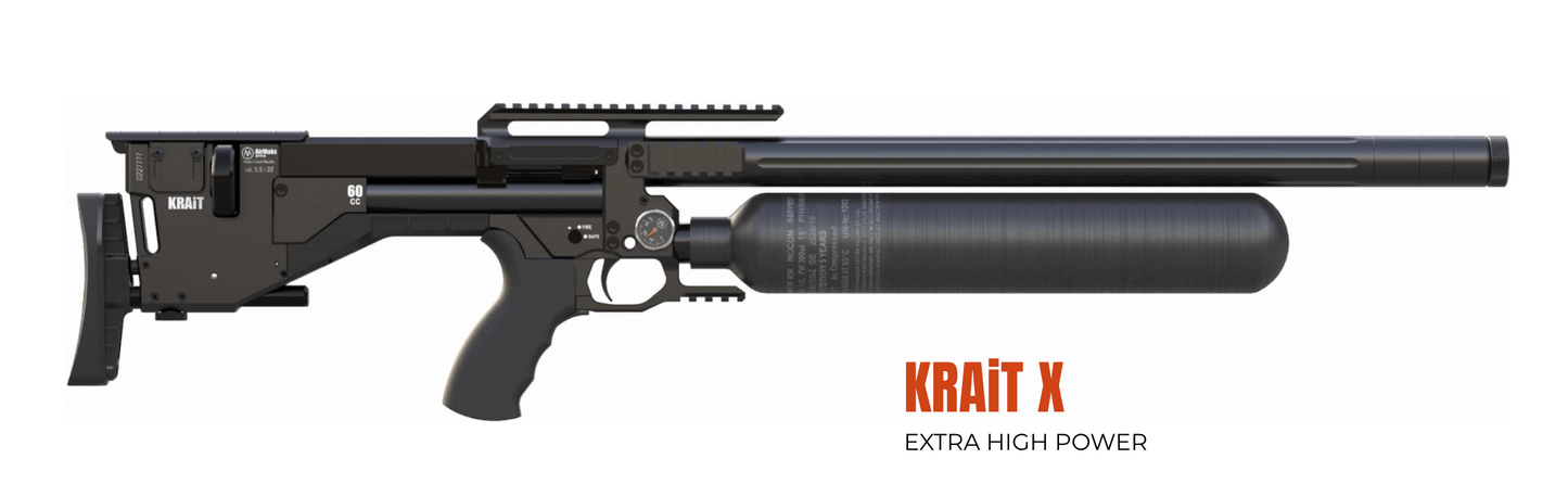 AirMaks Arms Krait XB Regulated PCP Air Rifle available in .22, .25 and .30/7.62 calibers with 700cc Carbon Fiber Bittle
