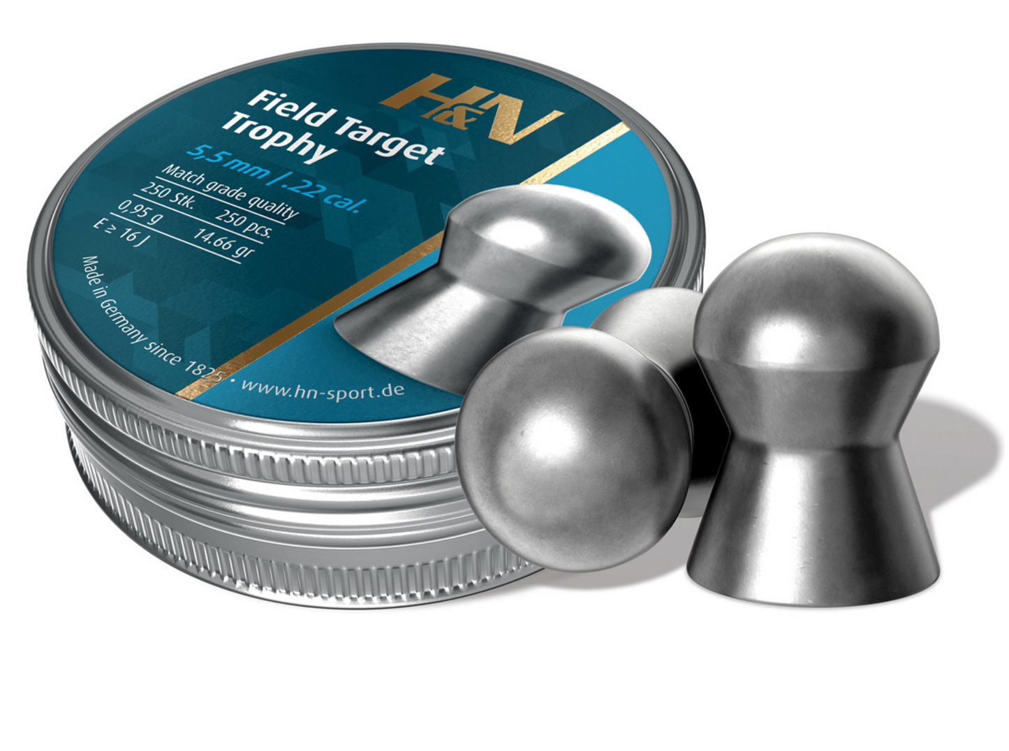 In Stock H&N Field Target Trophy .22 Cal, Head Size 5.53/.218. and 5.54 14.66 Grains, Round Nose, 250 Count