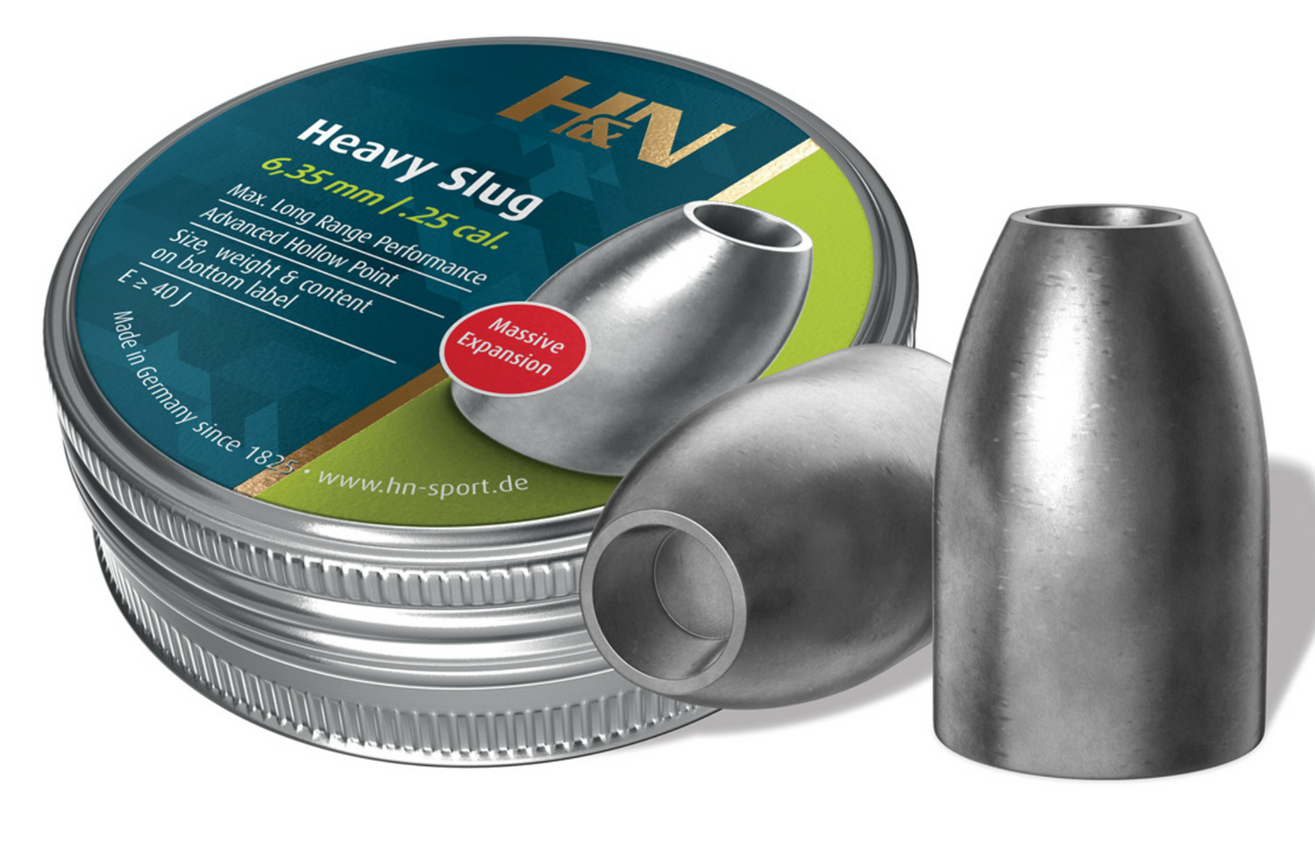 H&N Slug HP Heavy Air Gun Pellets 25 Caliber 38 Grain, Head Size .250 Hollowpoint Tin of 120