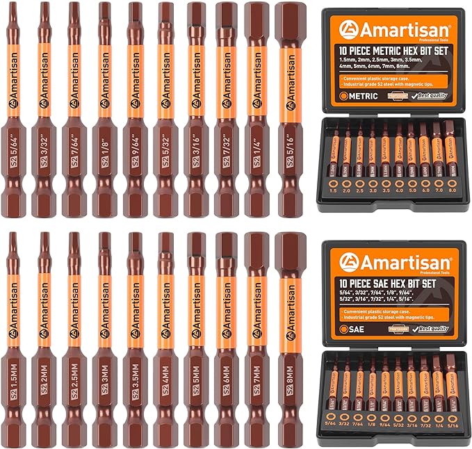 Amartisan 20-Piece Hex Head Allen Wrench Drill Bit Set, Metric and SAE S2 Steel Hex Bits Set, Magnetic Tips, 2.3" Long With Storage box