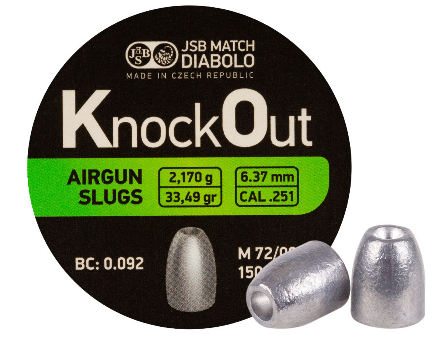 In Stock JSB Match Diabolo KnockOut Slugs available in .177, .22, .25 and .30 calibers, various weights and head sizes