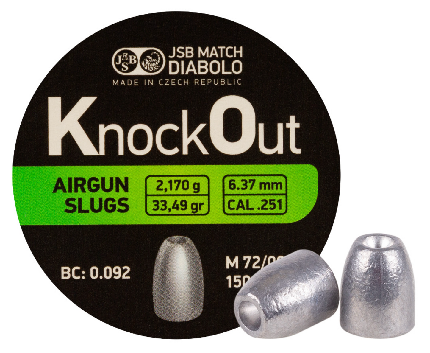 In Stock JSB Match Diabolo KnockOut Slugs available in .177, .22, .25 and .30 calibers, various weights and head sizes