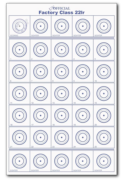 The Unofficial Factory Class 22lr Targets - 50 Targets per Pack - Suggested fpr 100 yard Bench Rest Practice