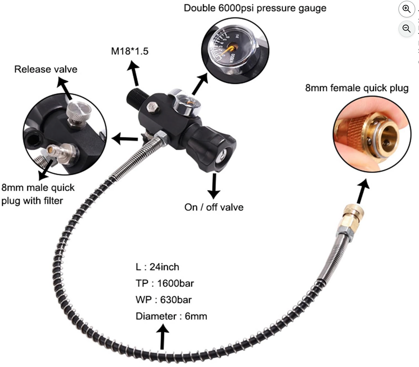 TUXING 4500Psi Carbon Fiber Scuba Tank, 3L Cylinder neck thread: M18 x 1.5-6H DIN valve male thread: M18 x 1.5-6H