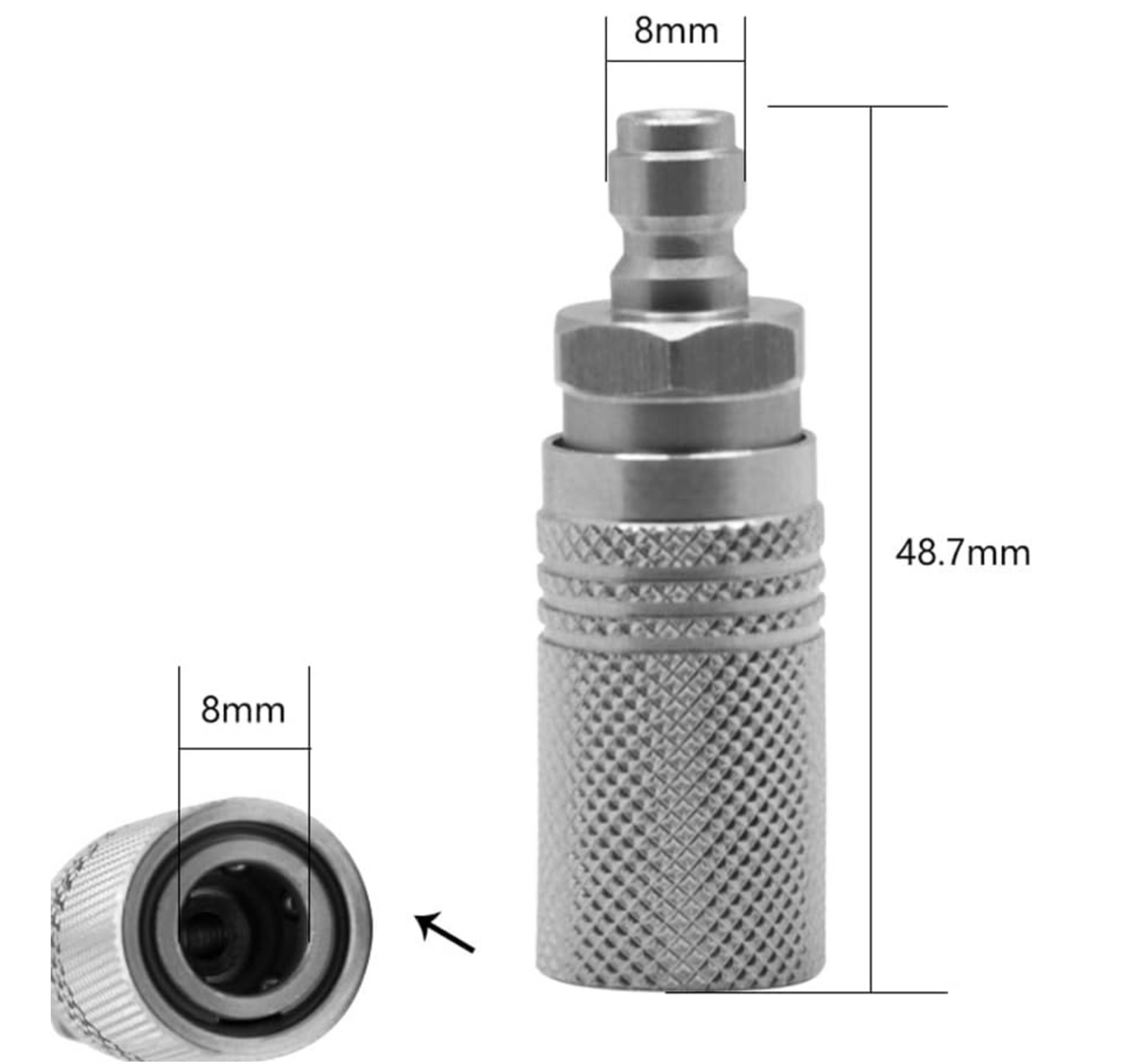 8mm Male to Female EXTENDED Female Quick-Disconnect Adapter with 8mm Female Quick-Disconnect Coupling Adapter Stainless Steel