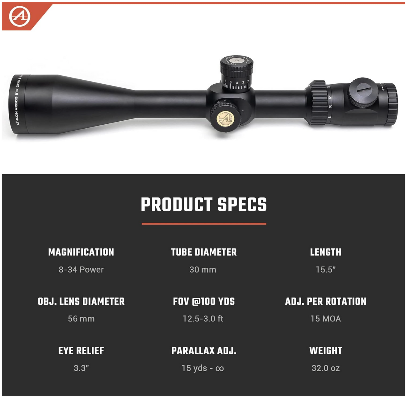 In Stock Athlon Optics Argos BTR GEN2 8-34X56 First Focal Plane Rifle Scope - MOA Illuminated Reticle