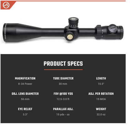 In Stock Athlon Optics Argos BTR GEN2 8-34X56 First Focal Plane Rifle Scope - MOA Illuminated Reticle