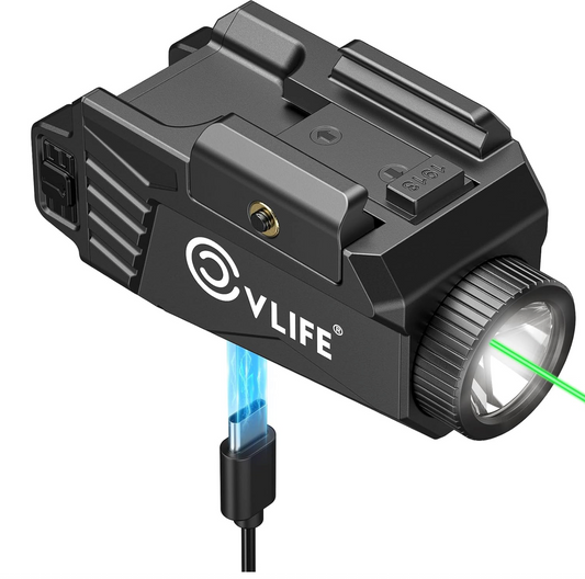 CvLife 600 Lumens Compact Pistol Flashlight and  Green Laser with Strobe -  USB-C Rechargeable