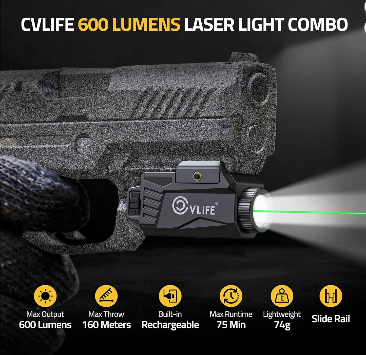 CvLife 600 Lumens Compact Pistol Flashlight and  Green Laser with Strobe -  USB-C Rechargeable