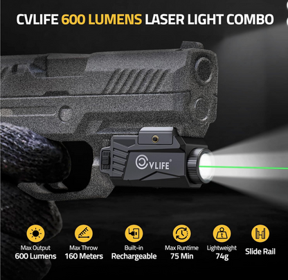 CvLife 600 Lumens Compact Pistol Flashlight and  Green Laser with Strobe -  USB-C Rechargeable