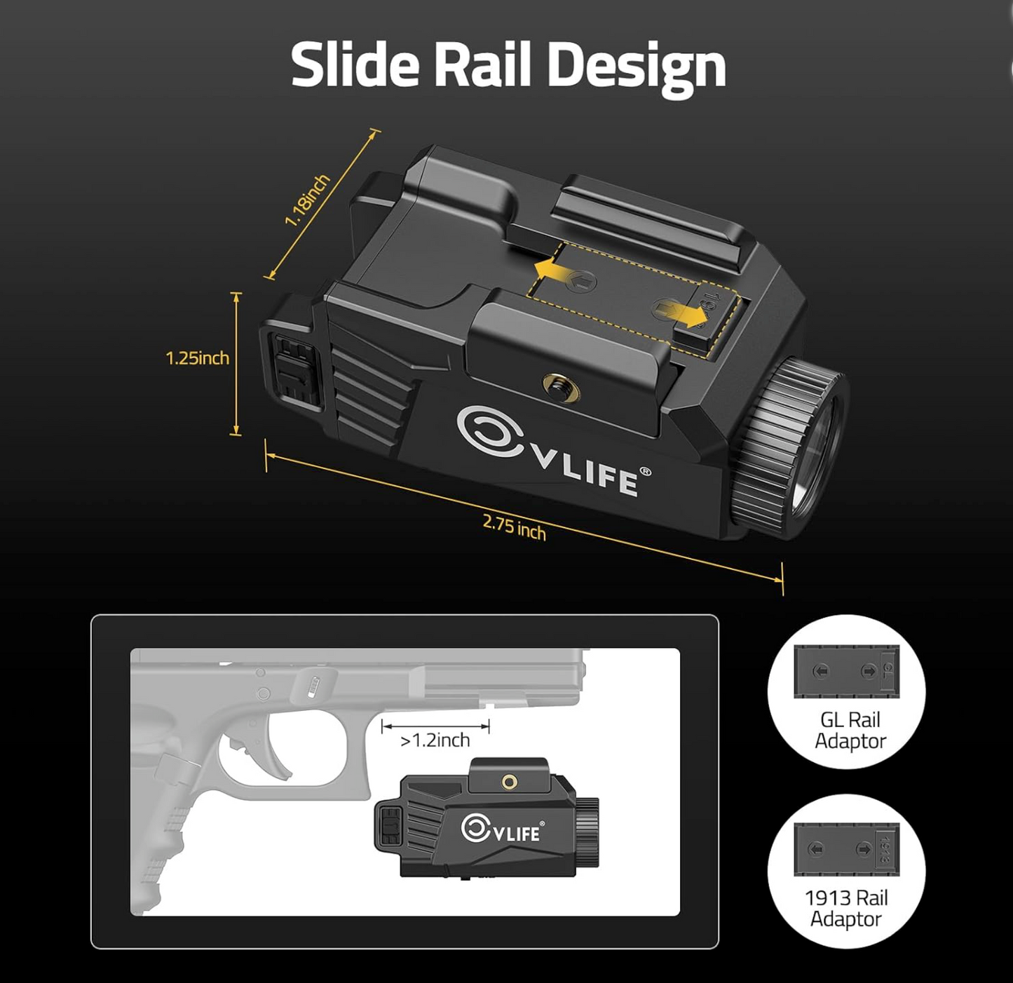 CvLife 600 Lumens Compact Pistol Flashlight and  Green Laser with Strobe -  USB-C Rechargeable