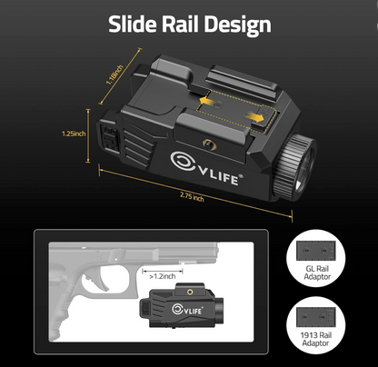 CvLife 600 Lumens Compact Pistol Flashlight and  Green Laser with Strobe -  USB-C Rechargeable