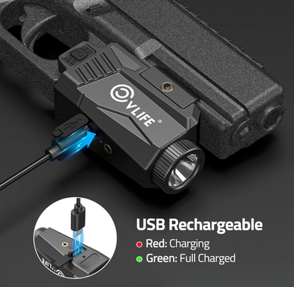 CvLife 600 Lumens Compact Pistol Flashlight and  Green Laser with Strobe -  USB-C Rechargeable
