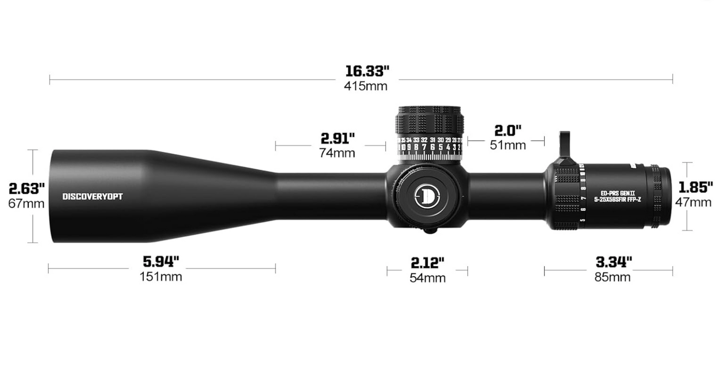 DiscoveryOpt ED GEN-II 5-25x56mm PRS Rifle Scope FFP, Illuminated MOA Reticle with Zero Stop 34mm Tube - With or Without High Scope Rings