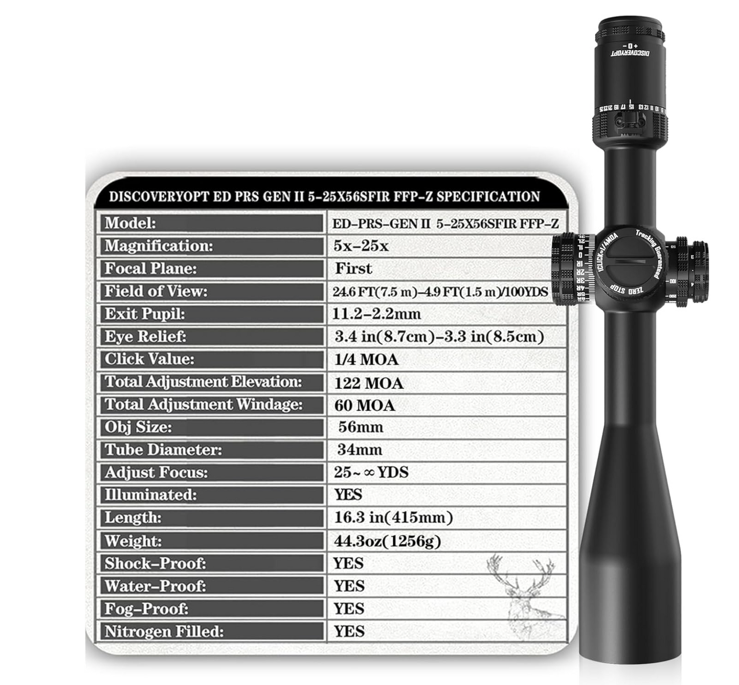 DiscoveryOpt ED GEN-II 5-25x56mm PRS Rifle Scope FFP, Illuminated MOA Reticle with Zero Stop 34mm Tube - With or Without High Scope Rings