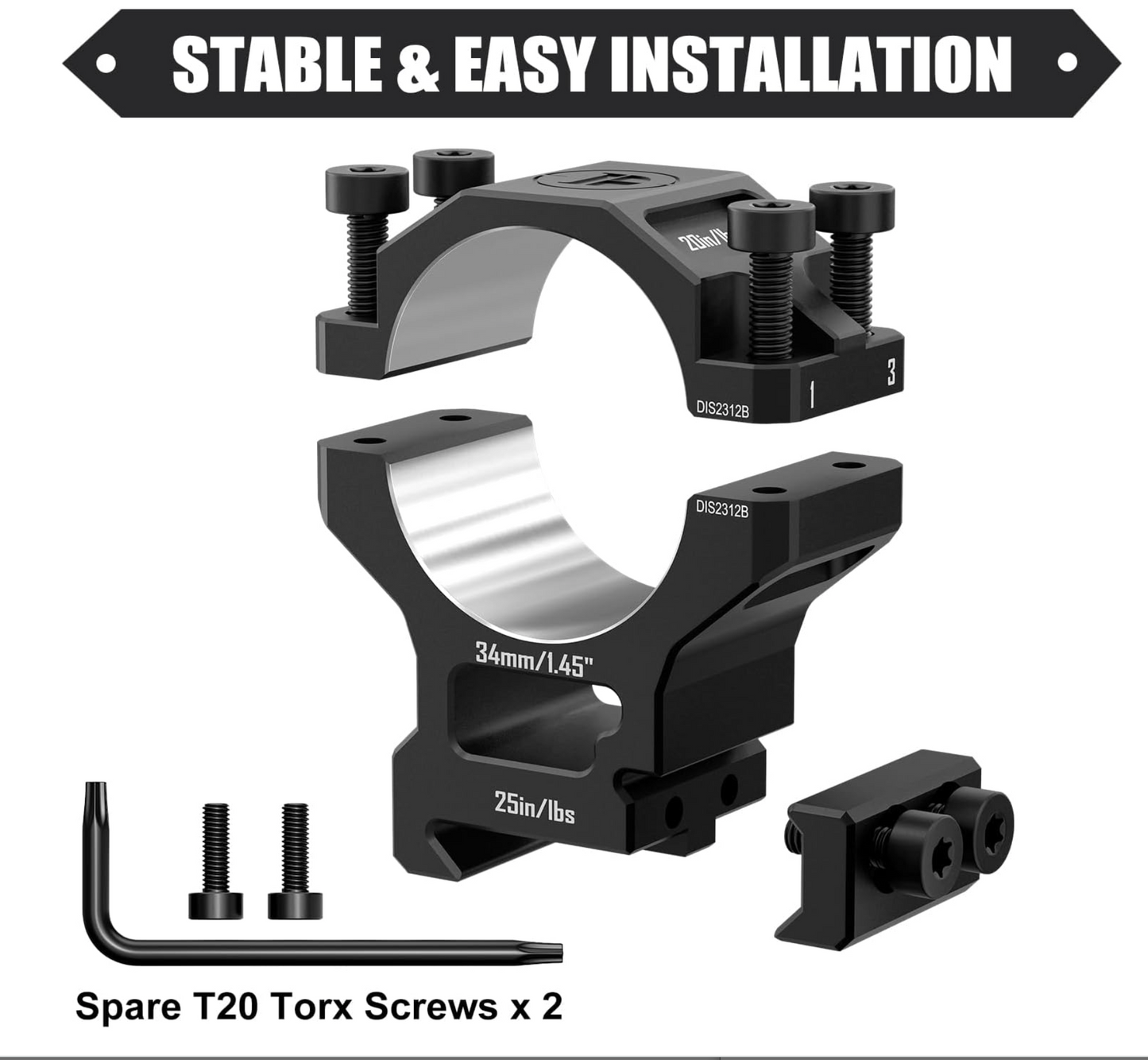 DiscoveryOpt Precision Scope Rings, Precision Pre-lapped Riflescope Mounts for Picatinny Rails 34mm Tube, 1.45" Center Height