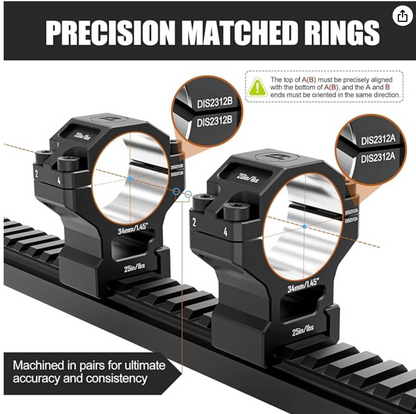 DiscoveryOpt Precision Scope Rings, Precision Pre-lapped Riflescope Mounts for Picatinny Rails 34mm Tube, 1.45" Center Height