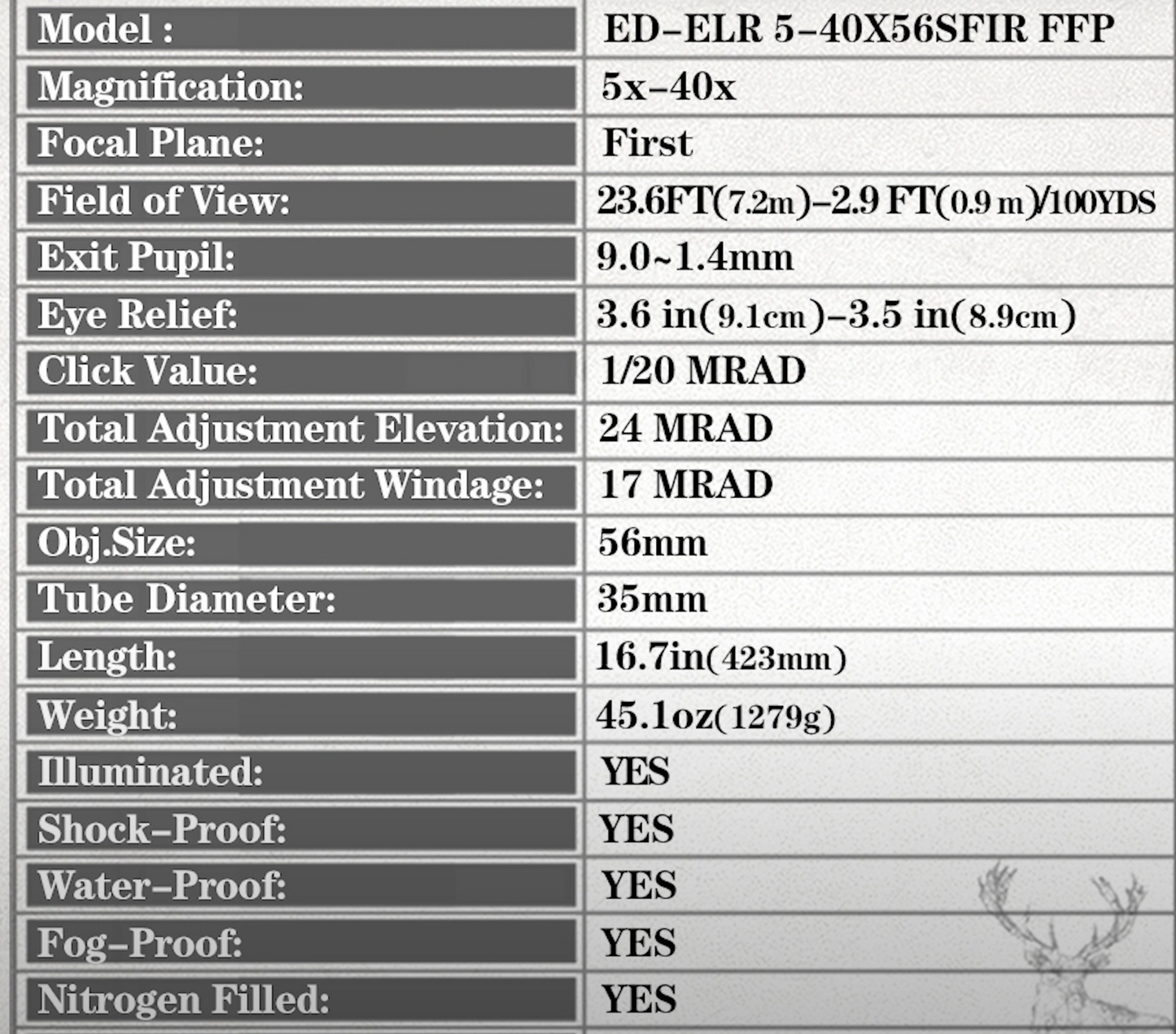In Stock DiscoveryOPT ED-ELR GEN II 5-40X56 SFIR FFP-Z MOA (35mm Rings Included) First Focal Plane