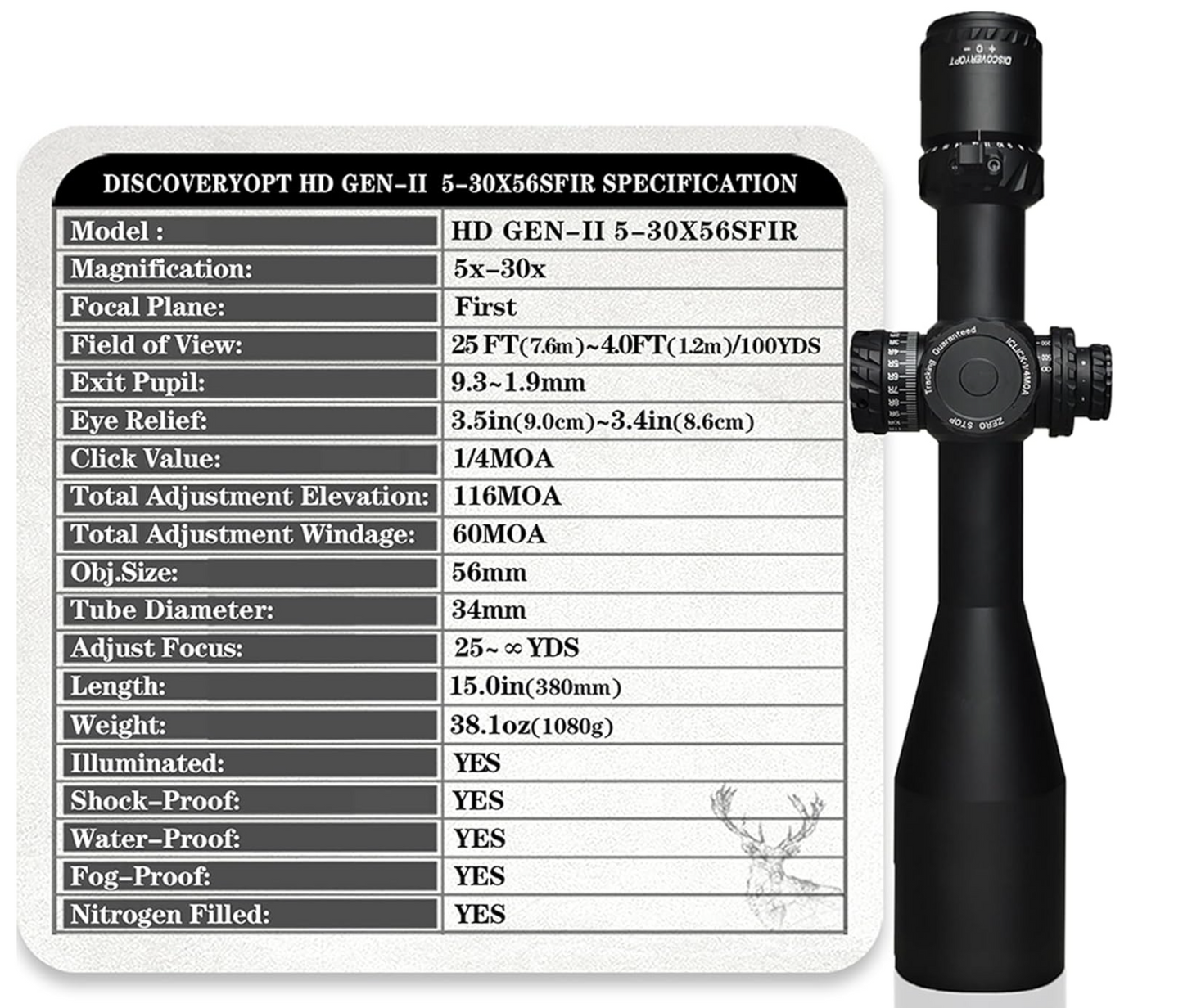 In Stock DiscoveryOpt HD 5-30x56 PRS Rifle Optics, First Focal Plane,FFP Rifle Scope,Red Illuminated Reticle,Zero Stop 34mm Tube