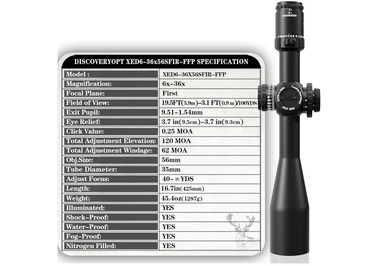 In Stock DiscoveryOpt XED 6-36x56mm PRS Rifle Scope FFP Illuminated Reticle with Zero Stop 35mm Tube MOA
