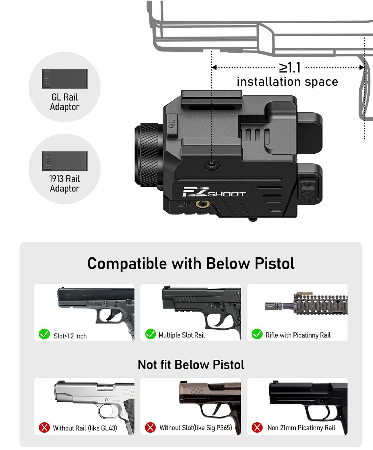 EZshoot 1000 Lumens Pistol Light Green Laser with Strobe for Home Defense