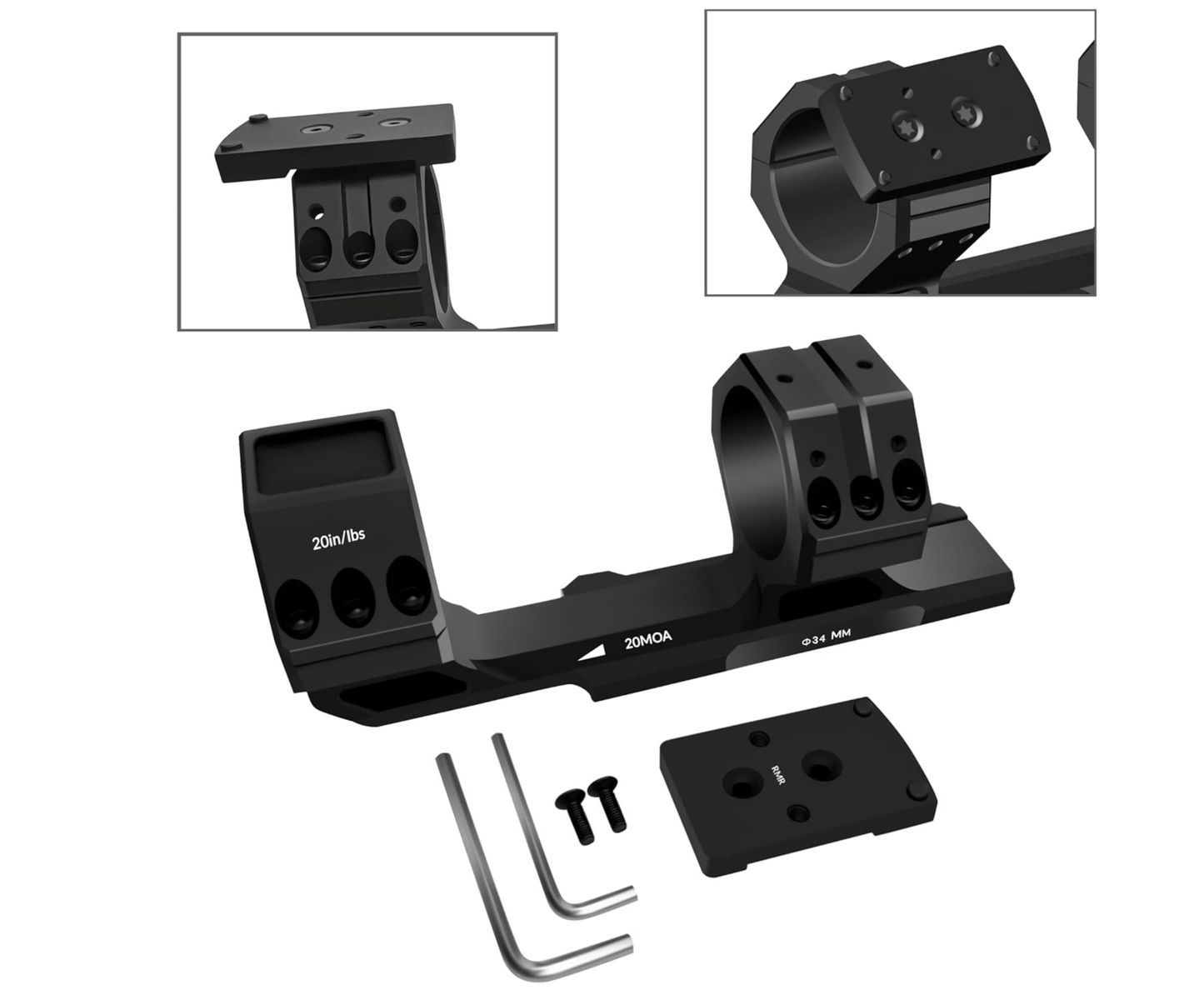 Gotical Tactical 34mm Tube 20MOA One Piece Ring Mount w/10:30, 12 o'clock, 1:30 Top Optic RMR Mount Plate, 1.57" Central Height, for 20mm Picatinny Rail