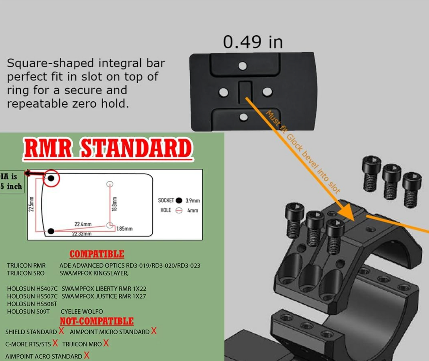 Gotical Tactical 34mm Tube 20MOA One Piece Ring Mount w/10:30, 12 o'clock, 1:30 Top Optic RMR Mount Plate, 1.57" Central Height, for 20mm Picatinny Rail