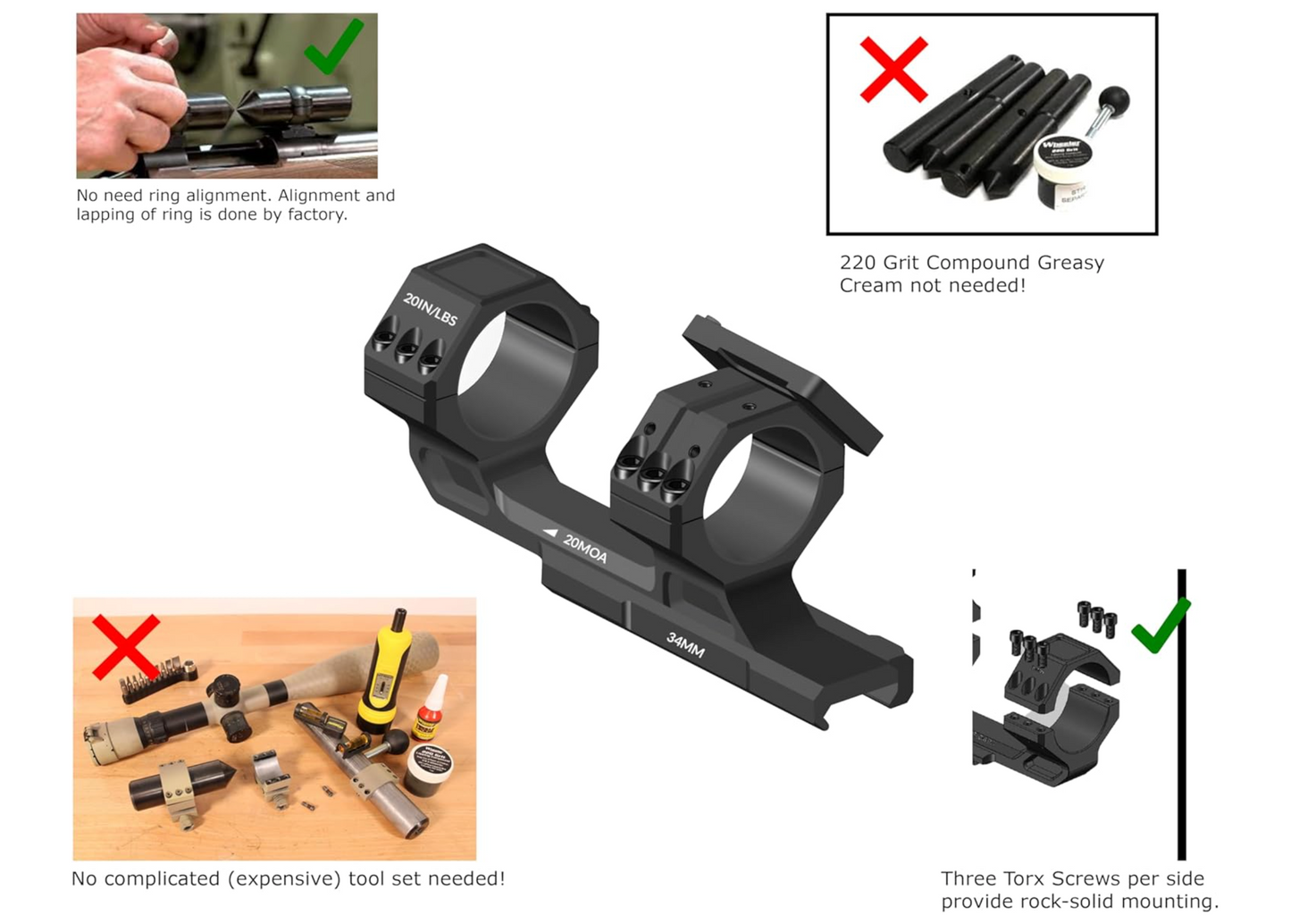Gotical Tactical 34mm Tube 20MOA One Piece Ring Mount w/10:30, 12 o'clock, 1:30 Top Optic RMR Mount Plate, 1.57" Central Height, for 20mm Picatinny Rail