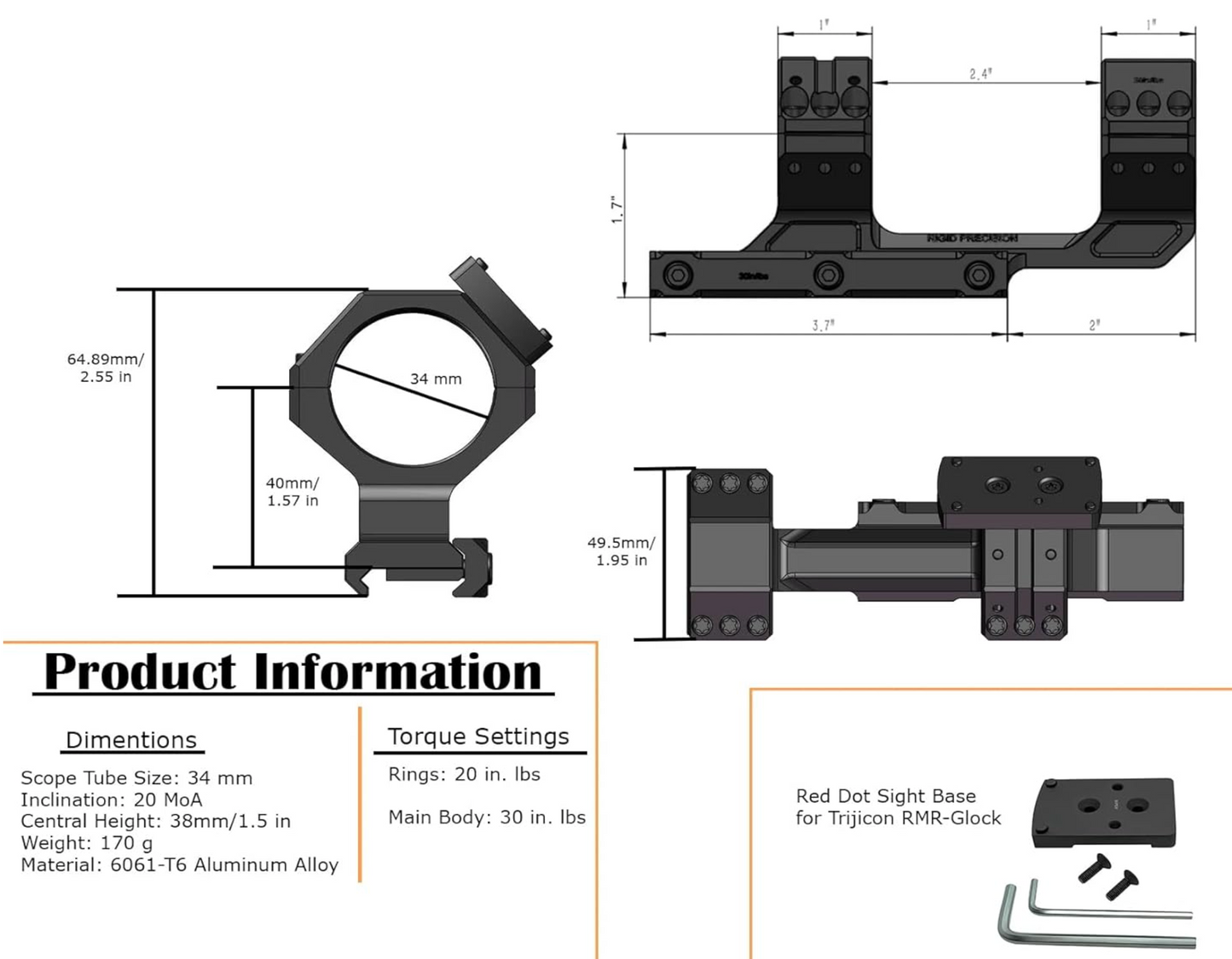 Gotical Tactical 34mm Tube 20MOA One Piece Ring Mount w/10:30, 12 o'clock, 1:30 Top Optic RMR Mount Plate, 1.57" Central Height, for 20mm Picatinny Rail