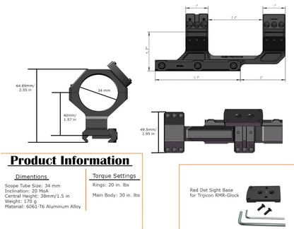 Gotical Tactical 34mm Tube 20MOA One Piece Ring Mount w/10:30, 12 o'clock, 1:30 Top Optic RMR Mount Plate, 1.57" Central Height, for 20mm Picatinny Rail