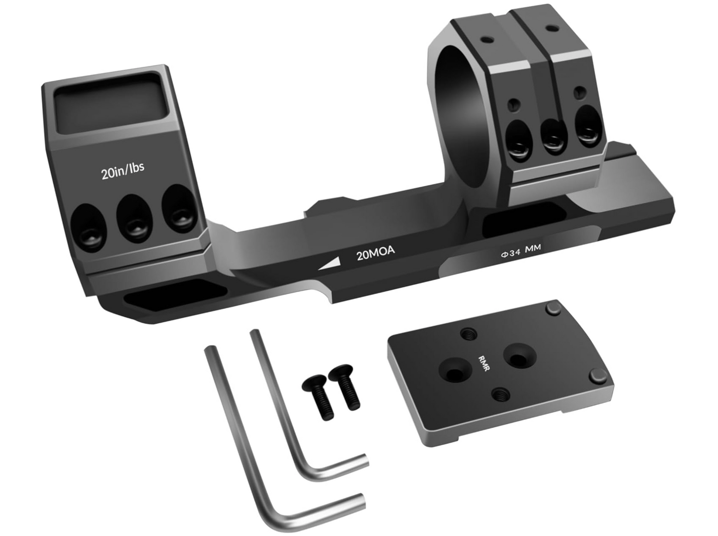 Gotical Tactical 34mm Tube 20MOA One Piece Ring Mount w/10:30, 12 o'clock, 1:30 Top Optic RMR Mount Plate, 1.57" Central Height, for 20mm Picatinny Rail