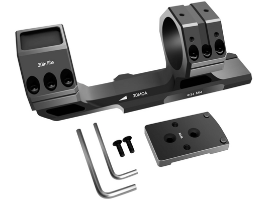 Gotical Tactical 34mm Tube 20MOA One Piece Ring Mount w/10:30, 12 o'clock, 1:30 Top Optic RMR Mount Plate, 1.57" Central Height, for 20mm Picatinny Rail