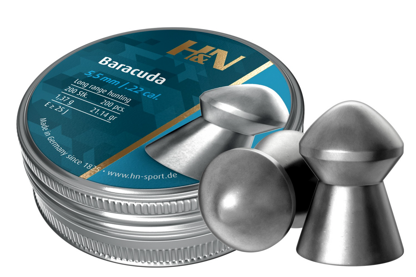In Stock H&N Baracuda .22 Cal, Head Size 5.50 21.14 Grains, Round Nose, Pellets 200 Count