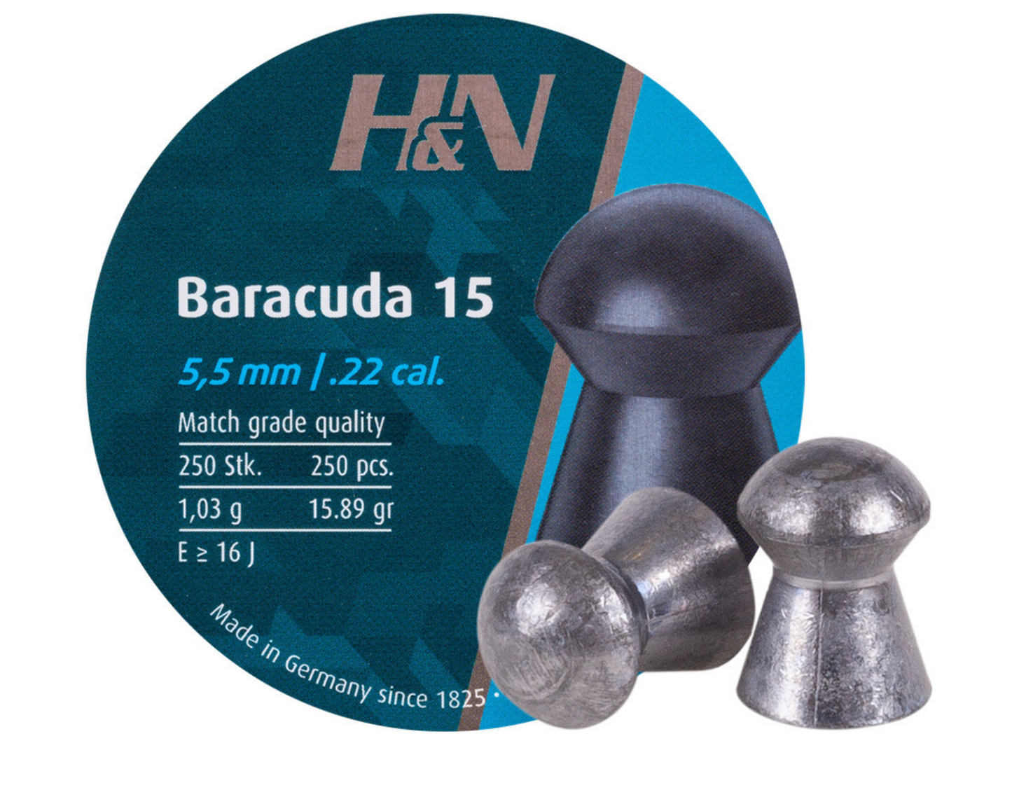 In Stock H&N Baracuda 15 Pellets .22 caliber, Head Size 5.52/.2175, 15.89gn Round Nose 250 Count