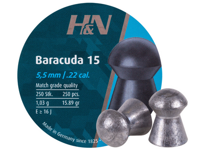 In Stock H&N Baracuda 15 Pellets .22 caliber, Head Size 5.52/.2175, 15.89gn Round Nose 250 Count
