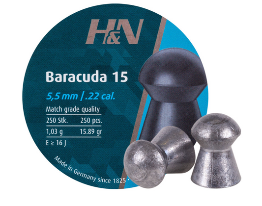 In Stock H&N Baracuda 15 Pellets .22 caliber, Head Size 5.52/.2175, 15.89gn Round Nose 250 Count