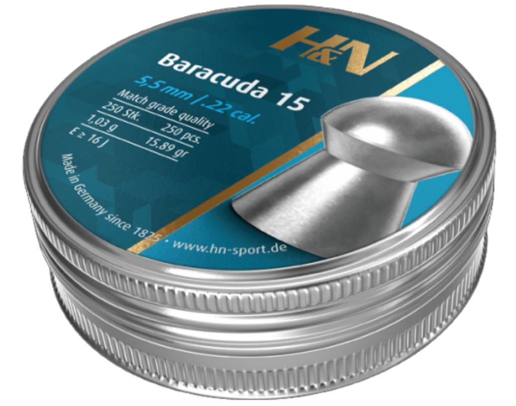 In Stock H&N Baracuda 15 Pellets .22 caliber, Head Size 5.52/.2175, 15.89gn Round Nose 250 Count