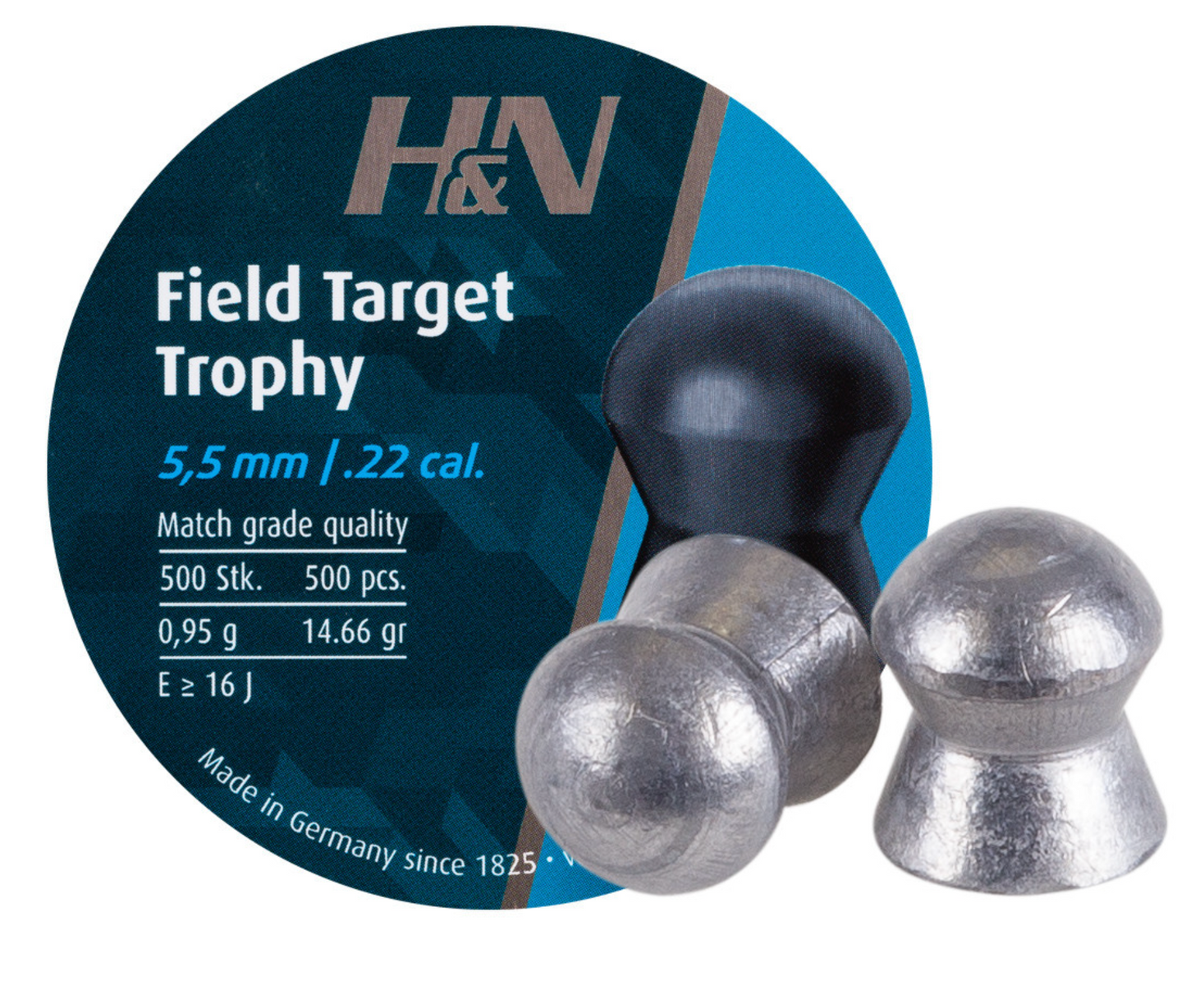 In Stock H&N Field Target Trophy .22 Cal, Head Size 5.53/.218. and 5.54 14.66 Grains, Round Nose, 250 Count
