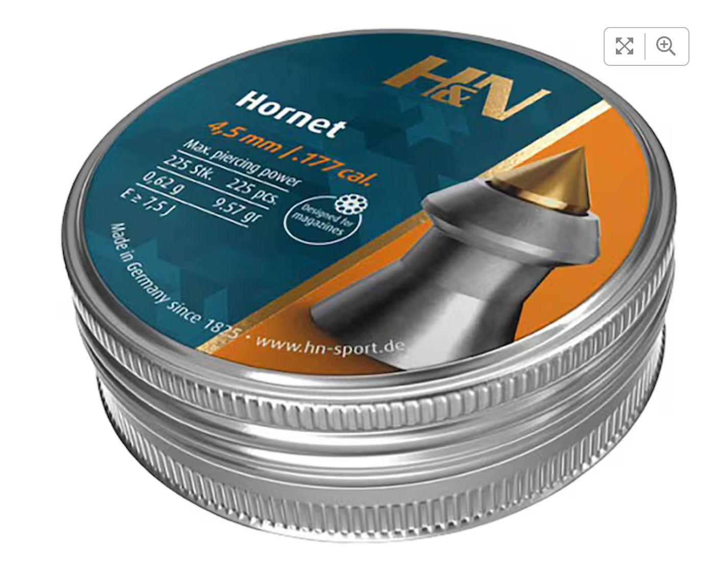 In Stock H&N Hornet Pointed Pellets, available in .177, .22, and 25 calibers