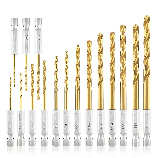 Hex Shank Drill Bit Set (13Pcs Set+3 Pcs Free), Premium 4341 HSS Titanium Impact Hex Drill Bits for Wood, Steel, Metal, Plastic, Quick Change Design (1/16 -1/4 )