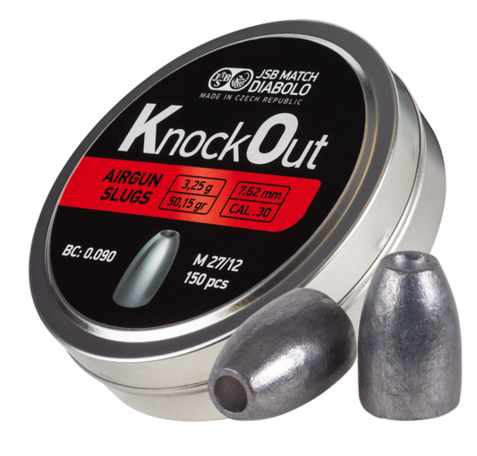 In Stock JSB Match Diabolo KnockOut Slugs available in .177, .22, .25 and .30 calibers, various weights and head sizes