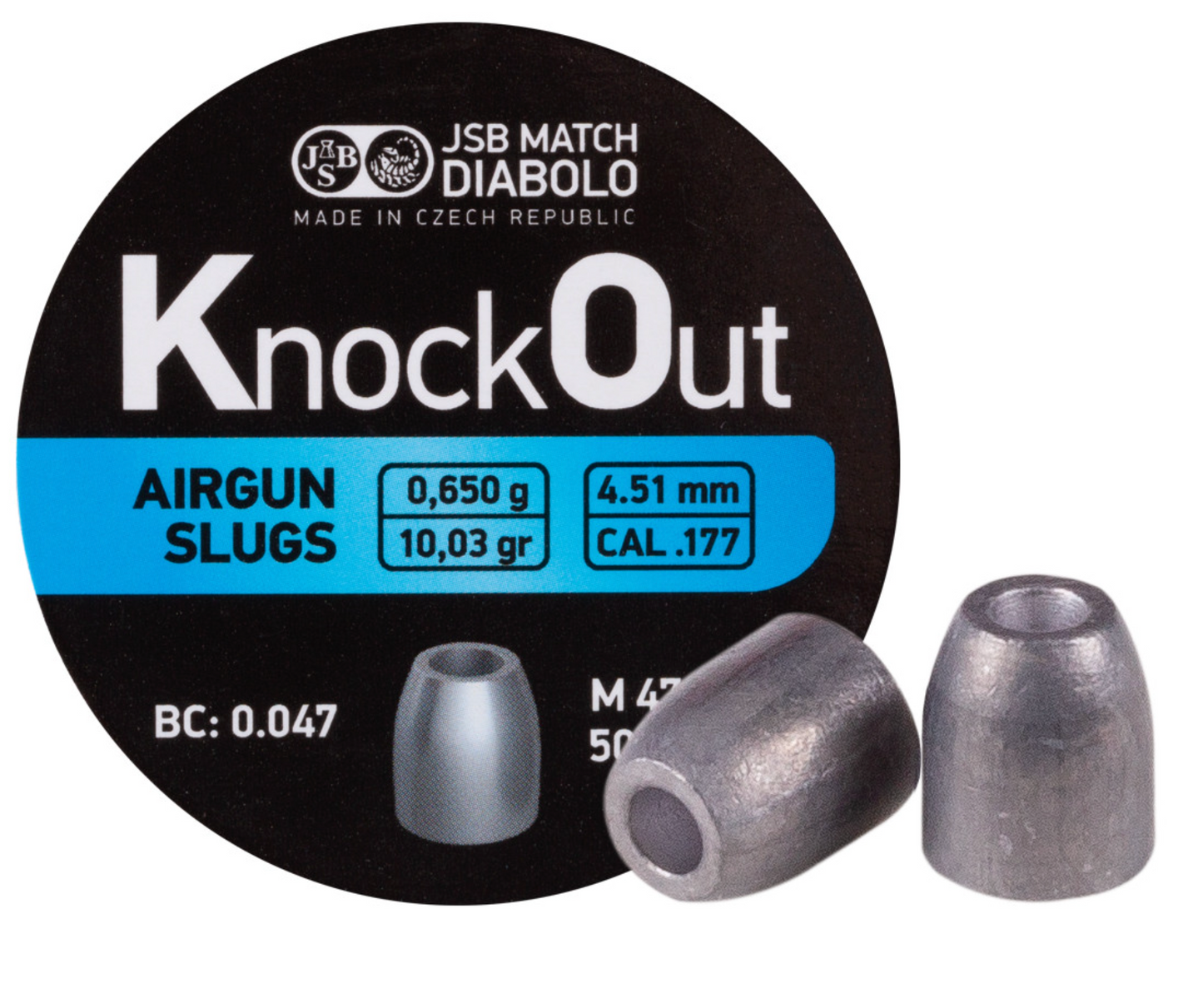 JSB Match Diabolo KnockOut Slugs available in .177, .22, .25 and .30 calibers, various weights and head sizes