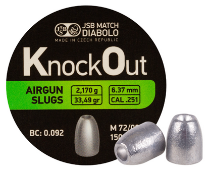 JSB Match Diabolo KnockOut Slugs available in .177, .22, .25 and .30 calibers, various weights and head sizes