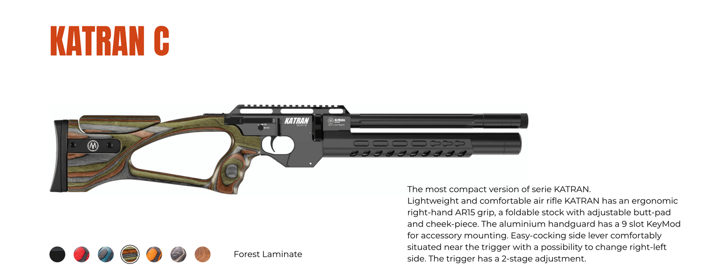 In Stock AirMaks Arms Katran C Regulated PCP Rifle "Sandy Edition", Available in .177, .22 and .25 Calibers with Folding Adjustable Stock, PRC Stock and Laminated Stocks