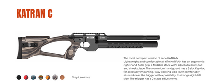In Stock AirMaks Arms Katran C Regulated PCP Rifle "Sandy Edition", Available in .177, .22 and .25 Calibers with Folding Adjustable Stock, PRC Stock and Laminated Stocks