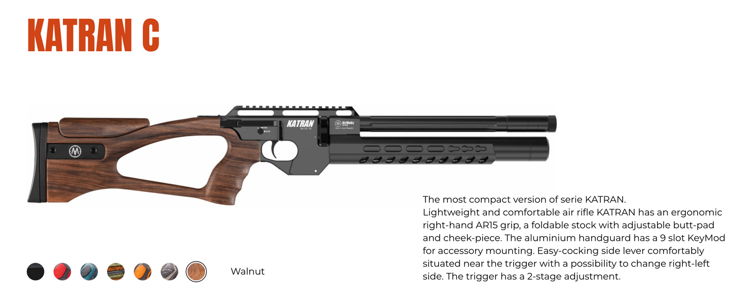 In Stock AirMaks Arms Katran C Regulated PCP Rifle "Sandy Edition", Available in .177, .22 and .25 Calibers with Folding Adjustable Stock, PRC Stock and Laminated Stocks