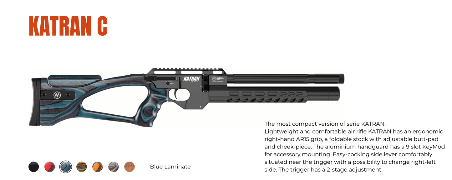 In Stock AirMaks Arms Katran C Regulated PCP Rifle "Sandy Edition", Available in .177, .22 and .25 Calibers with Folding Adjustable Stock, PRC Stock and Laminated Stocks