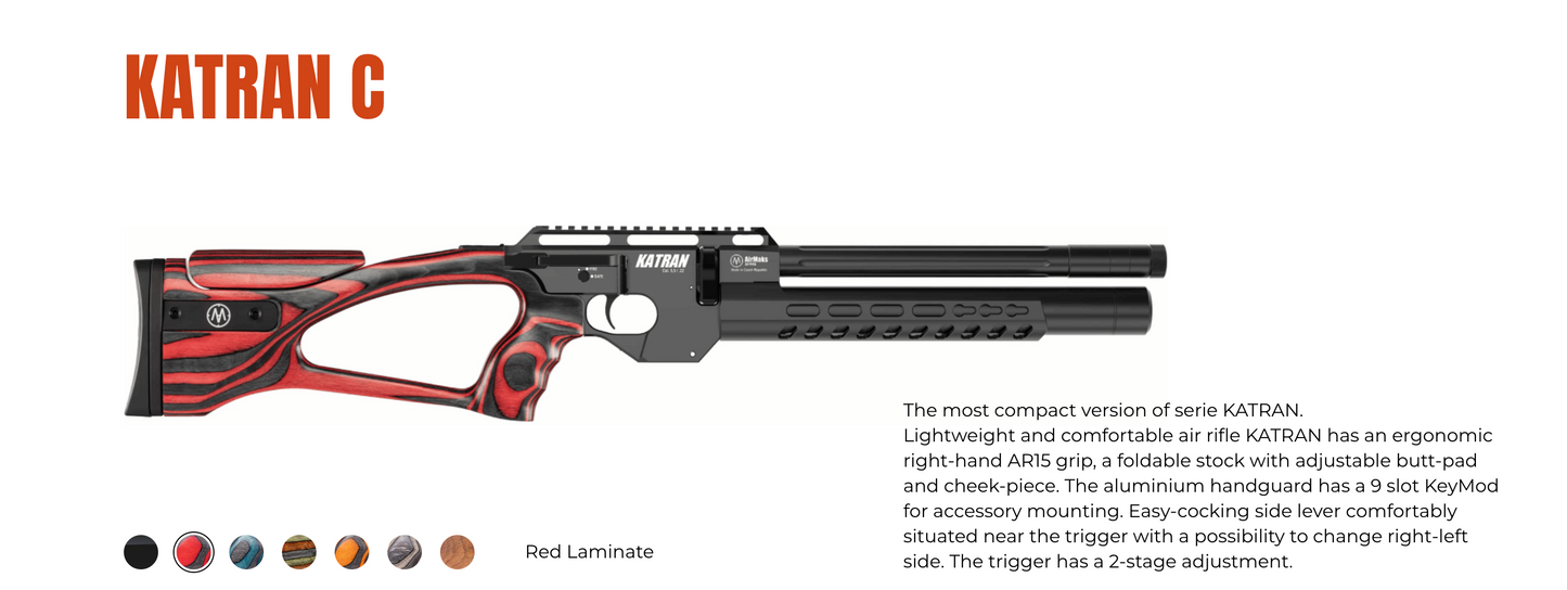 In Stock AirMaks Arms Katran C Regulated PCP Rifle "Sandy Edition", Available in .177, .22 and .25 Calibers with Folding Adjustable Stock, PRC Stock and Laminated Stocks