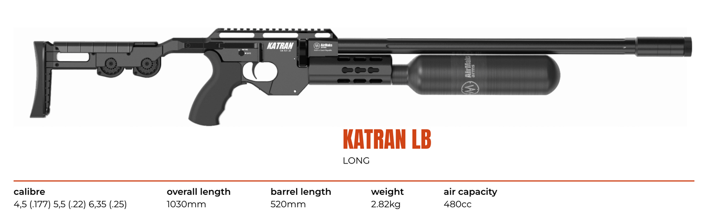 AirMaks Katran LB HP Available in .22 and .25 Caliber, Available in Black, Cerakote or Wood Laminate