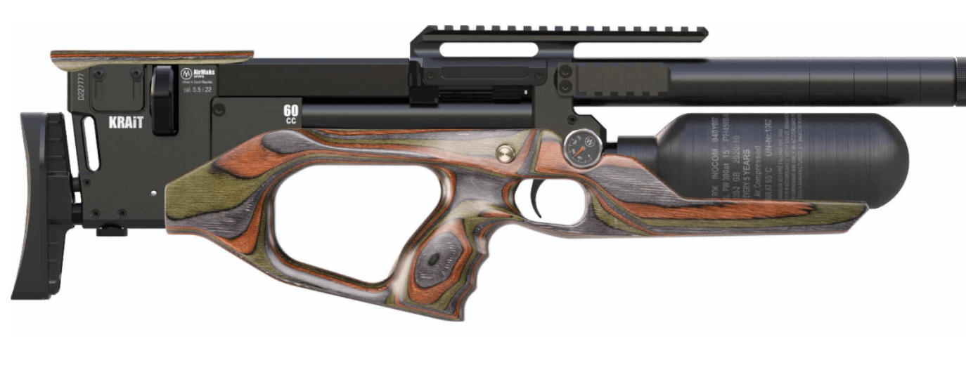 Krait Standard Regulated PCP rifle, available in .22 and .25 caliber with 300cc Bottle